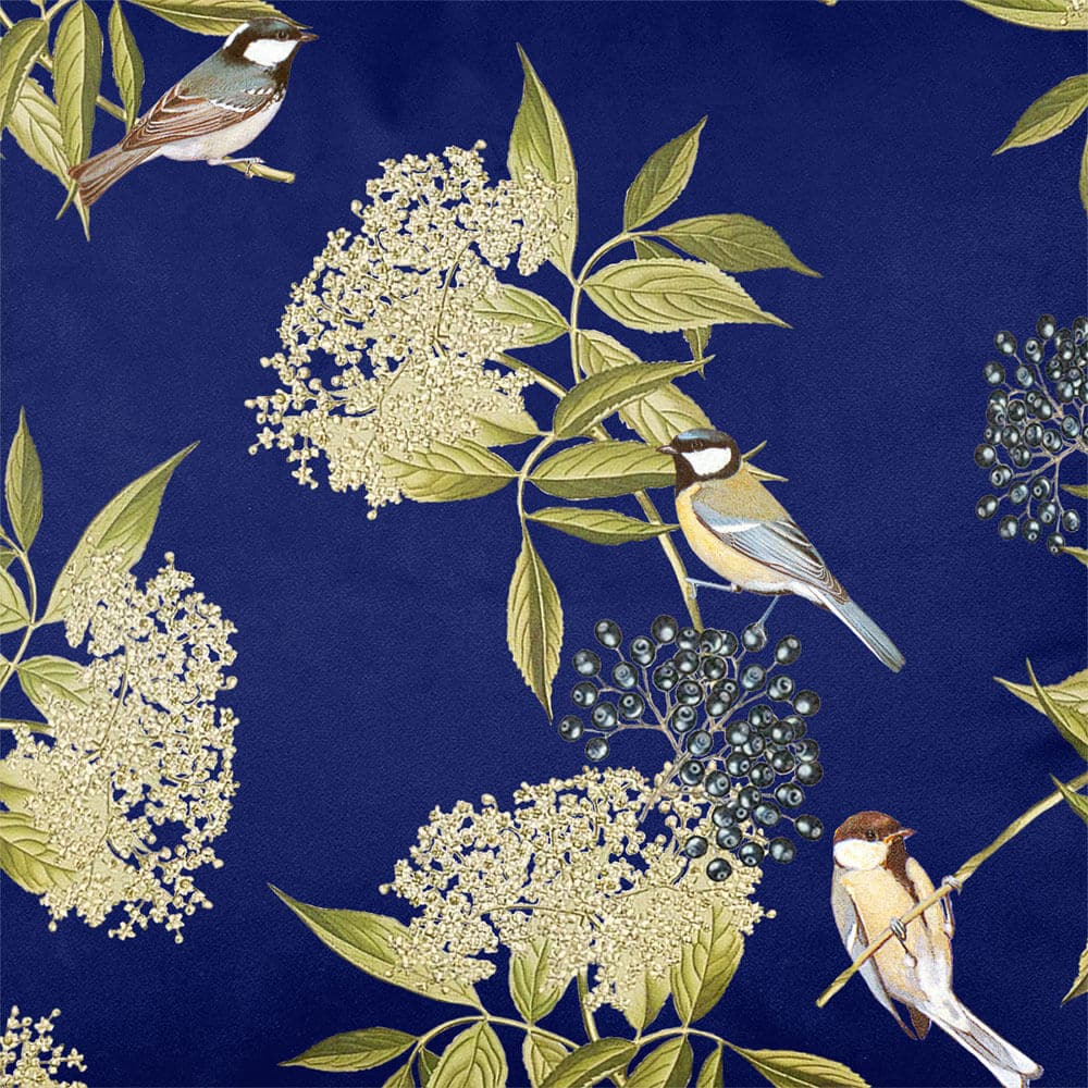 Upholstery Curtain Fabric - Luxury Eco - Friendly Velvet - Bird On Elderflower - Midnight by Izabela Peters