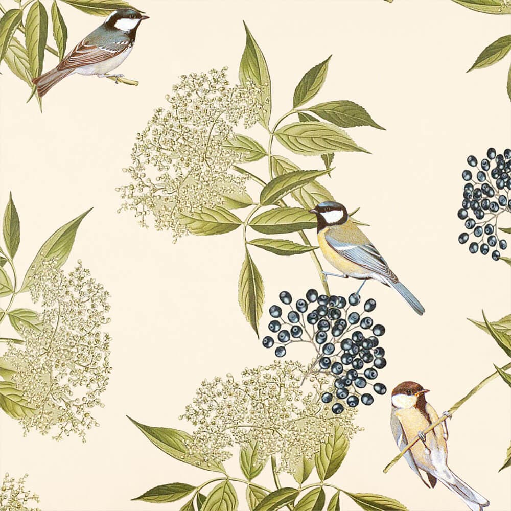 Upholstery Curtain Fabric - Luxury Eco - Friendly Velvet - Bird On Elderflower - Ivory Cream by Izabela Peters