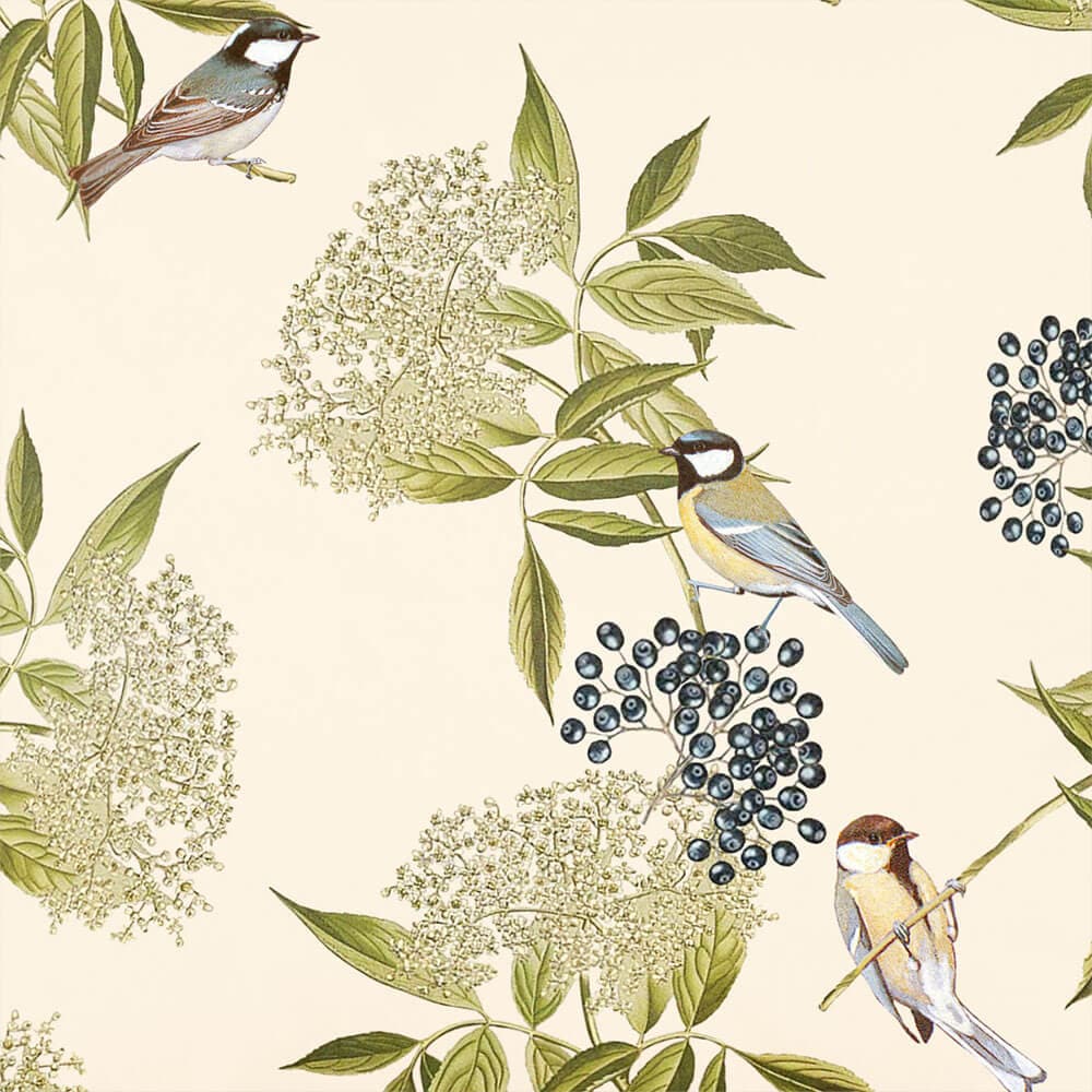 Upholstery Curtain Fabric - Luxury Eco-Friendly Velvet - Bird On Elderflower  IzabelaPeters Ivory Cream  