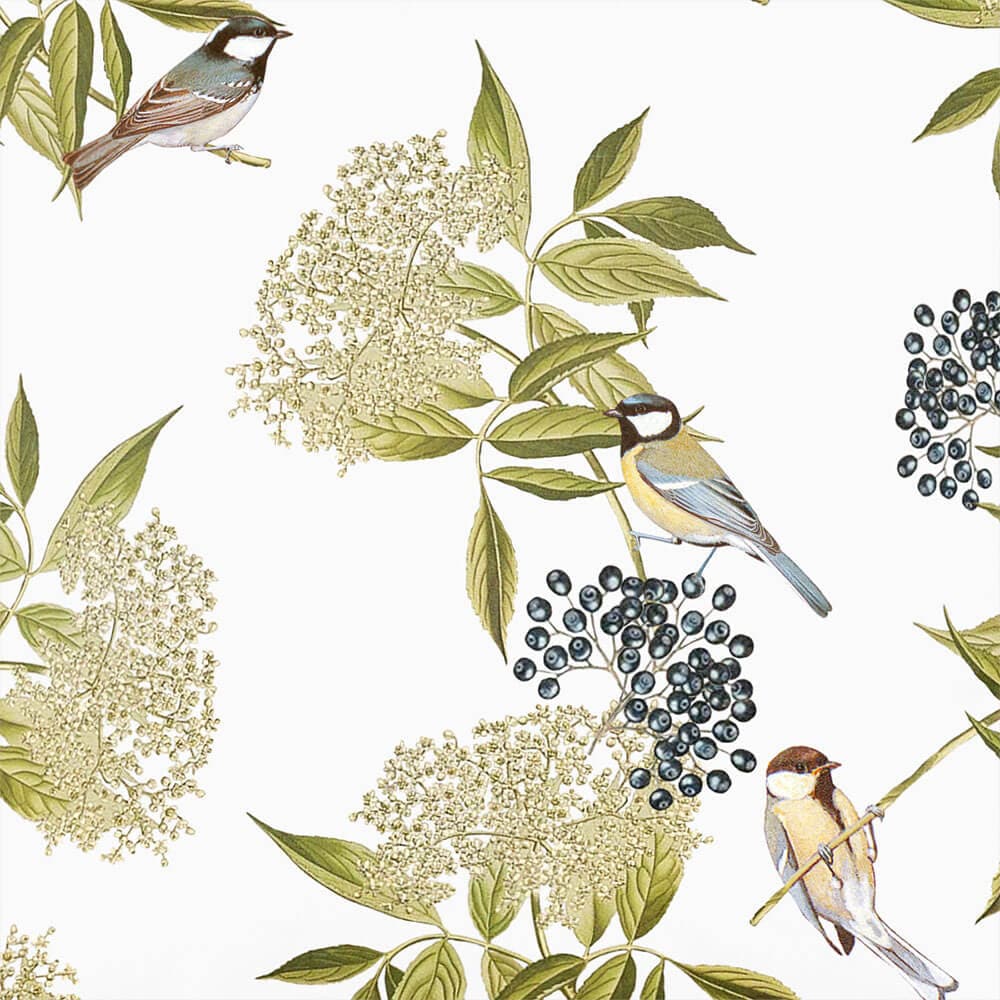 Upholstery Curtain Fabric - Luxury Eco - Friendly Velvet - Bird On Elderflower - White by Izabela Peters