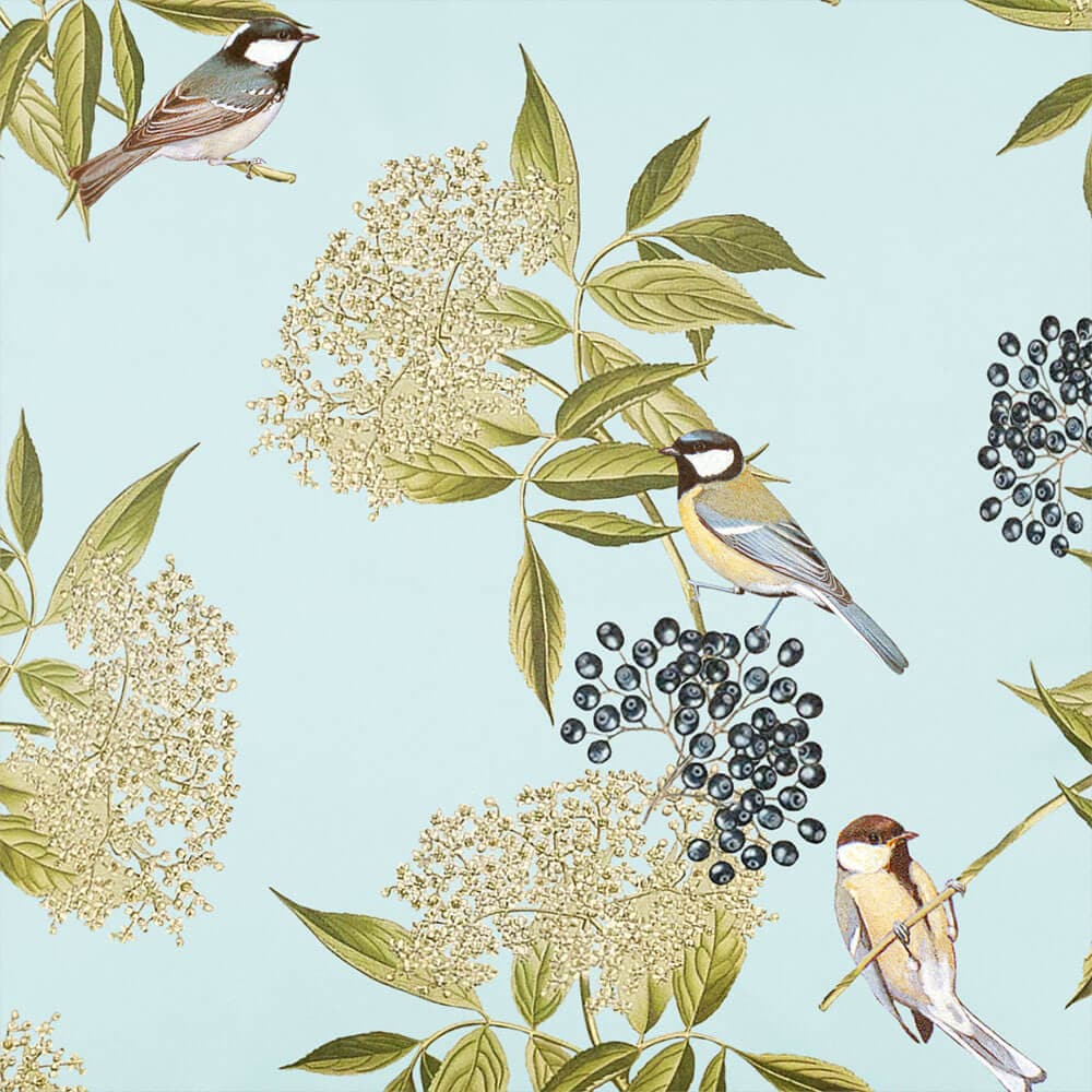 Upholstery Curtain Fabric - Luxury Eco - Friendly Velvet - Bird On Elderflower - Duck Egg by Izabela Peters