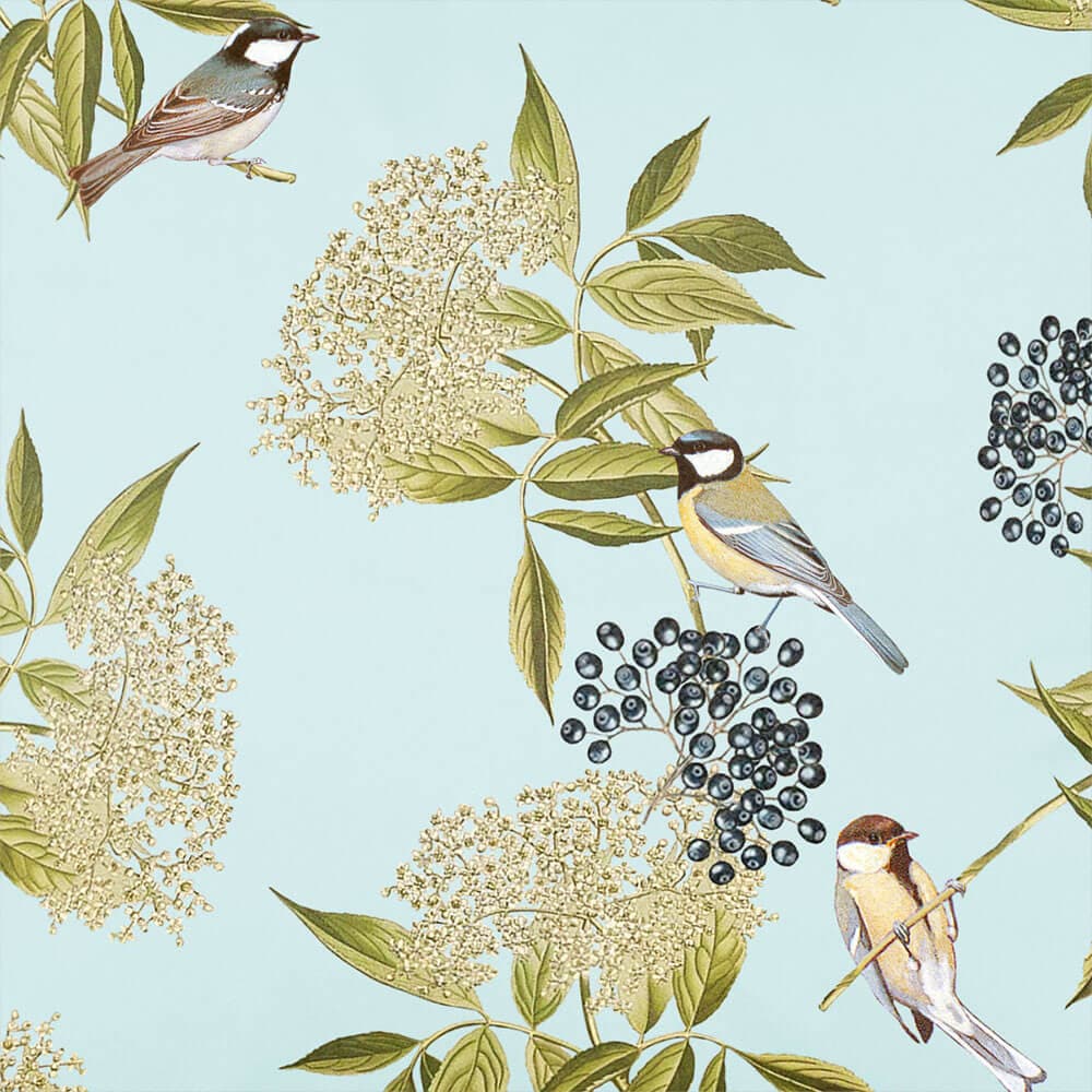 Upholstery Curtain Fabric - Luxury Eco-Friendly Velvet - Bird On Elderflower  IzabelaPeters Duck Egg  
