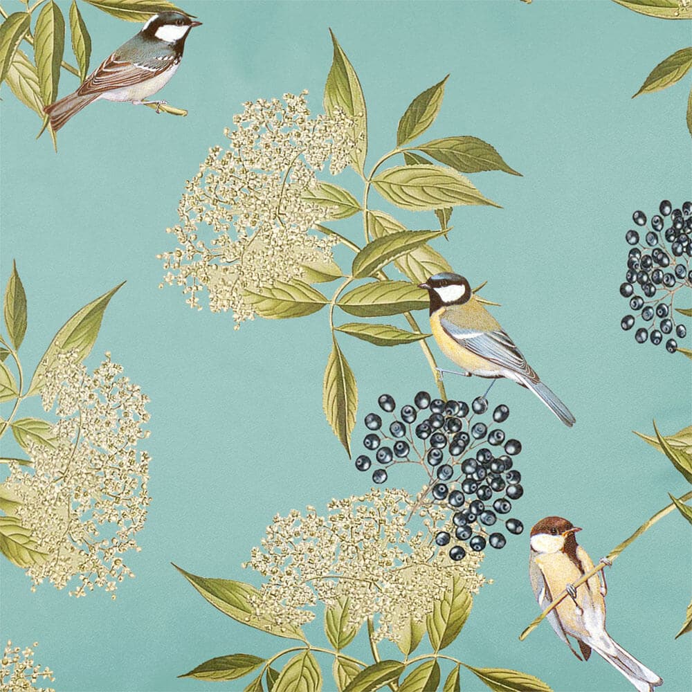 Upholstery Curtain Fabric - Luxury Eco-Friendly Velvet - Bird On Elderflower  IzabelaPeters Blue Surf  