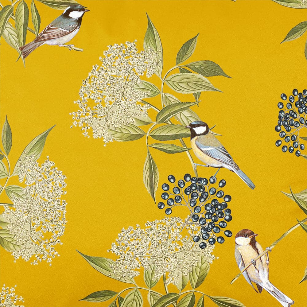 Upholstery Curtain Fabric - Luxury Eco-Friendly Velvet - Bird On Elderflower  IzabelaPeters Mustard  