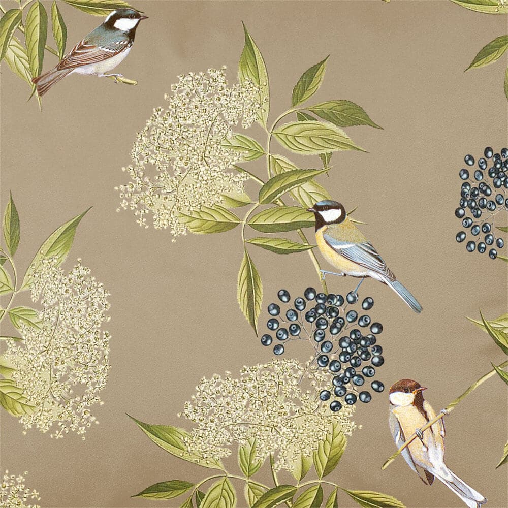Upholstery Curtain Fabric - Luxury Eco-Friendly Velvet - Bird On Elderflower  IzabelaPeters Taupe  