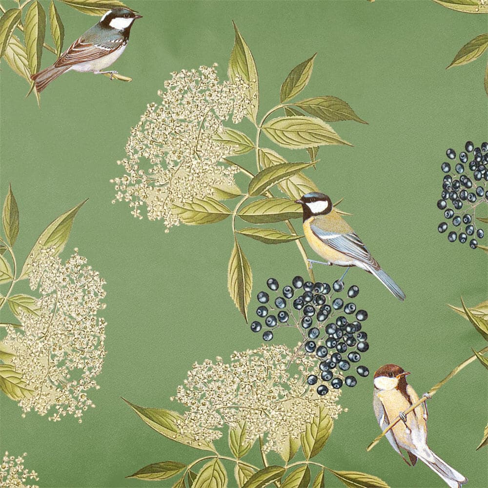Upholstery Curtain Fabric - Luxury Eco-Friendly Velvet - Bird On Elderflower  IzabelaPeters Sage  