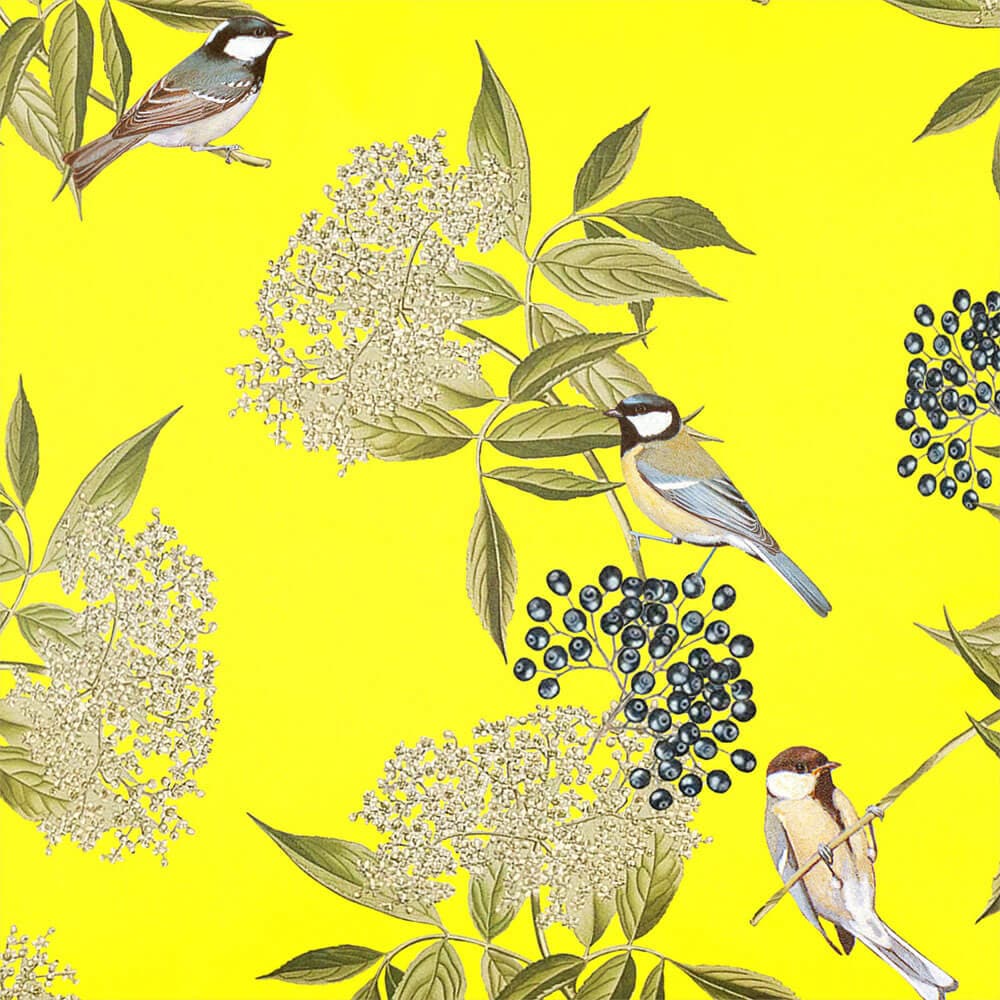 Upholstery Curtain Fabric - Luxury Eco - Friendly Velvet - Bird On Elderflower - Saffron by Izabela Peters