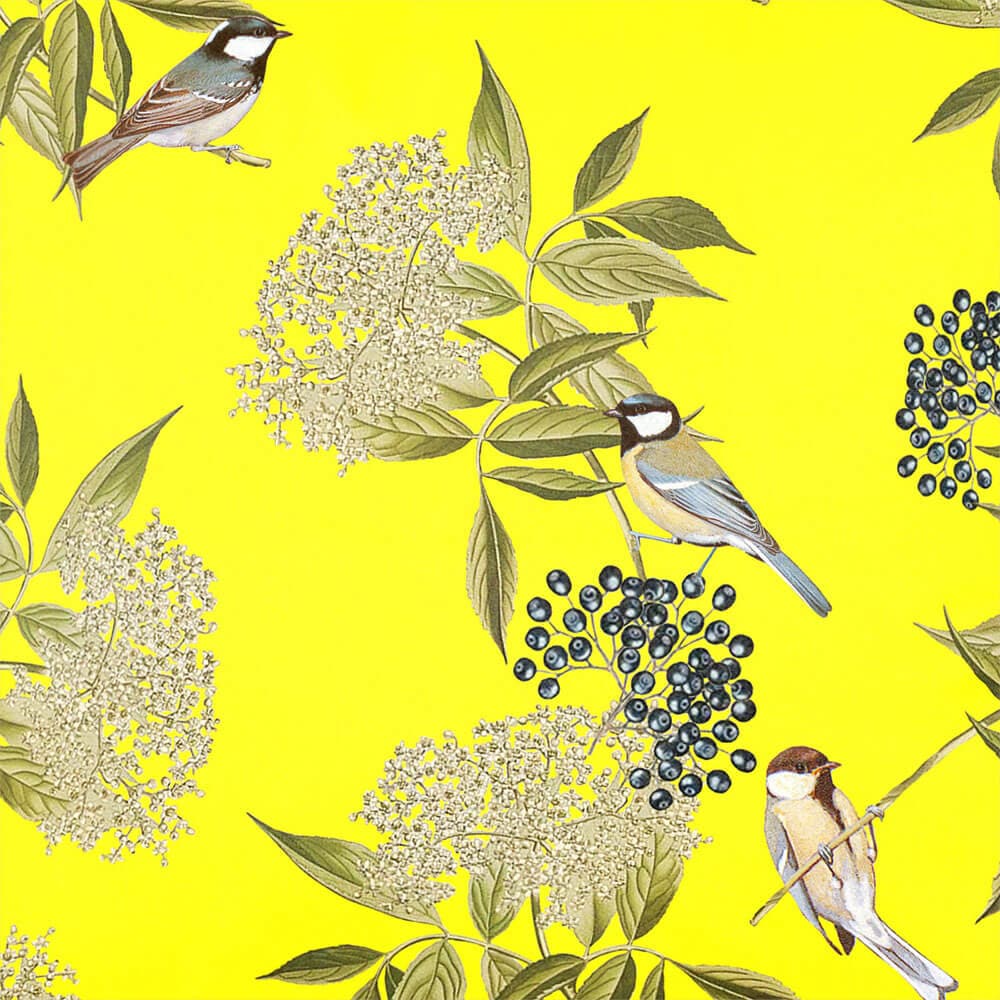 Upholstery Curtain Fabric - Luxury Eco-Friendly Velvet - Bird On Elderflower  IzabelaPeters Saffron  