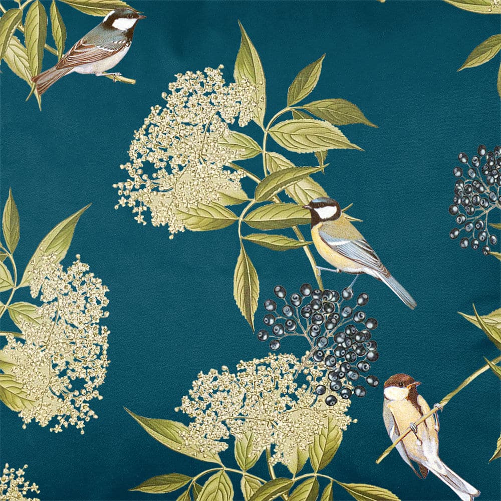 Upholstery Curtain Fabric - Luxury Eco-Friendly Velvet - Bird On Elderflower  IzabelaPeters Teal  