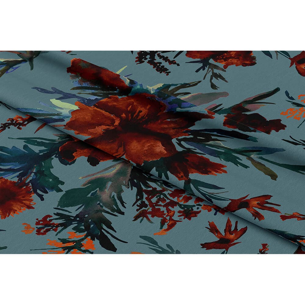 Floral Display velvet fabric in Orange Rust On Teal
