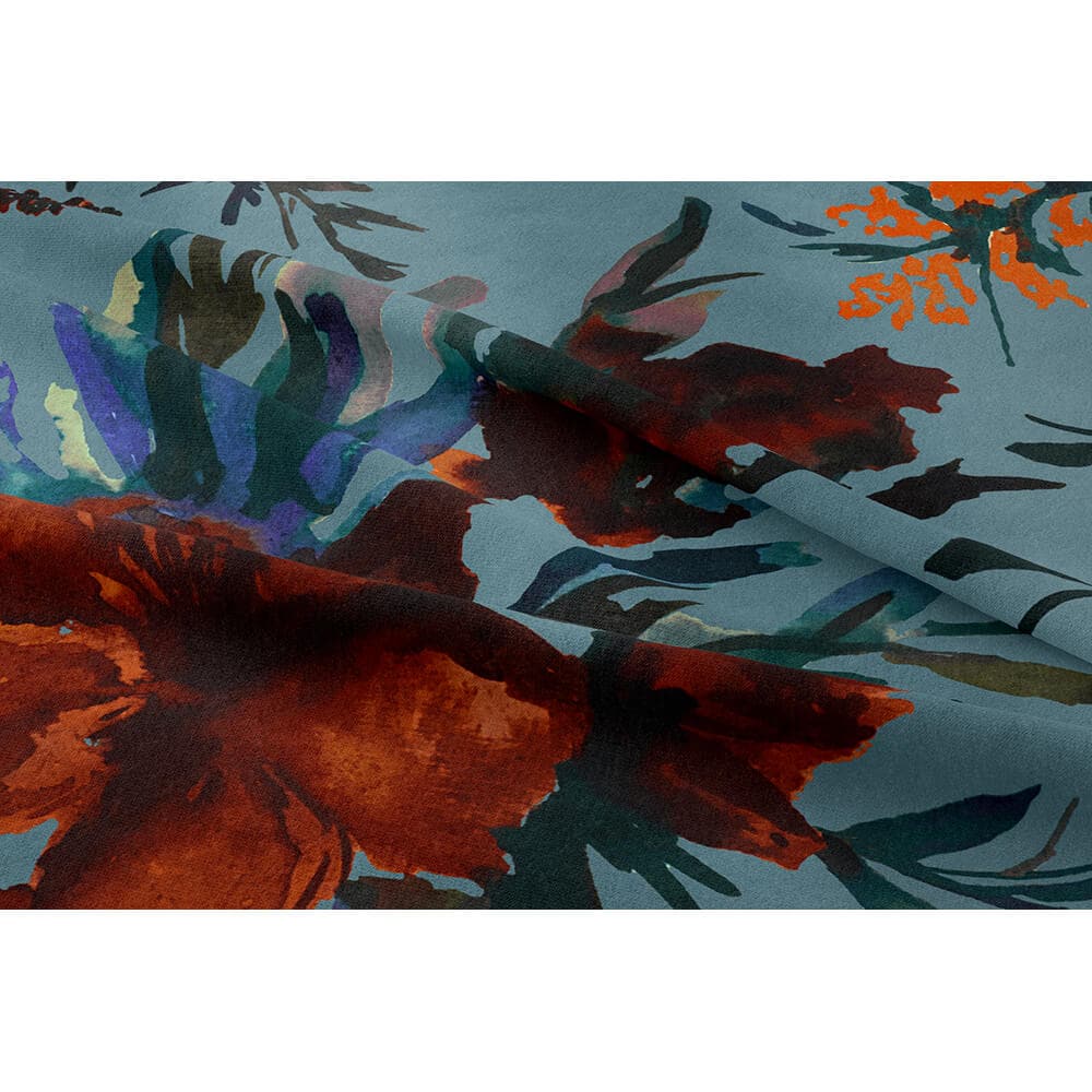 Floral Display velvet fabric in Orange Rust On Teal
