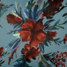 Floral Display velvet fabric in Orange Rust On Teal, pattern detail