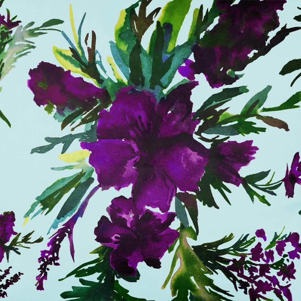 Upholstery Curtain Fabric - Luxury Eco-Friendly Velvet - Floral Display  IzabelaPeters Violet On Duck Egg  