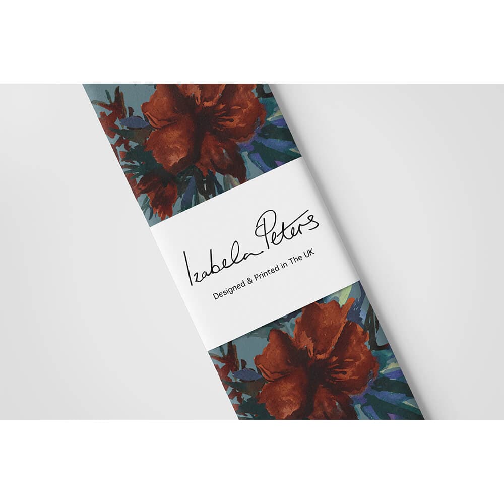 Floral Display velvet fabric in Orange Rust On Teal