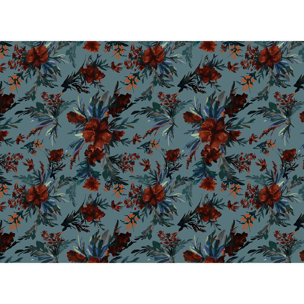 Floral Display velvet fabric in Orange Rust On Teal