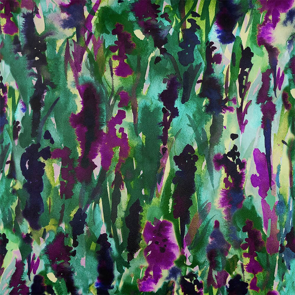 Floral Meadow velvet fabric in Violet On Shades Of Forest Green, pattern detail