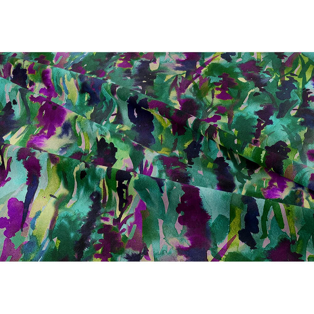 Floral Meadow velvet fabric in Violet On Shades Of Forest Green