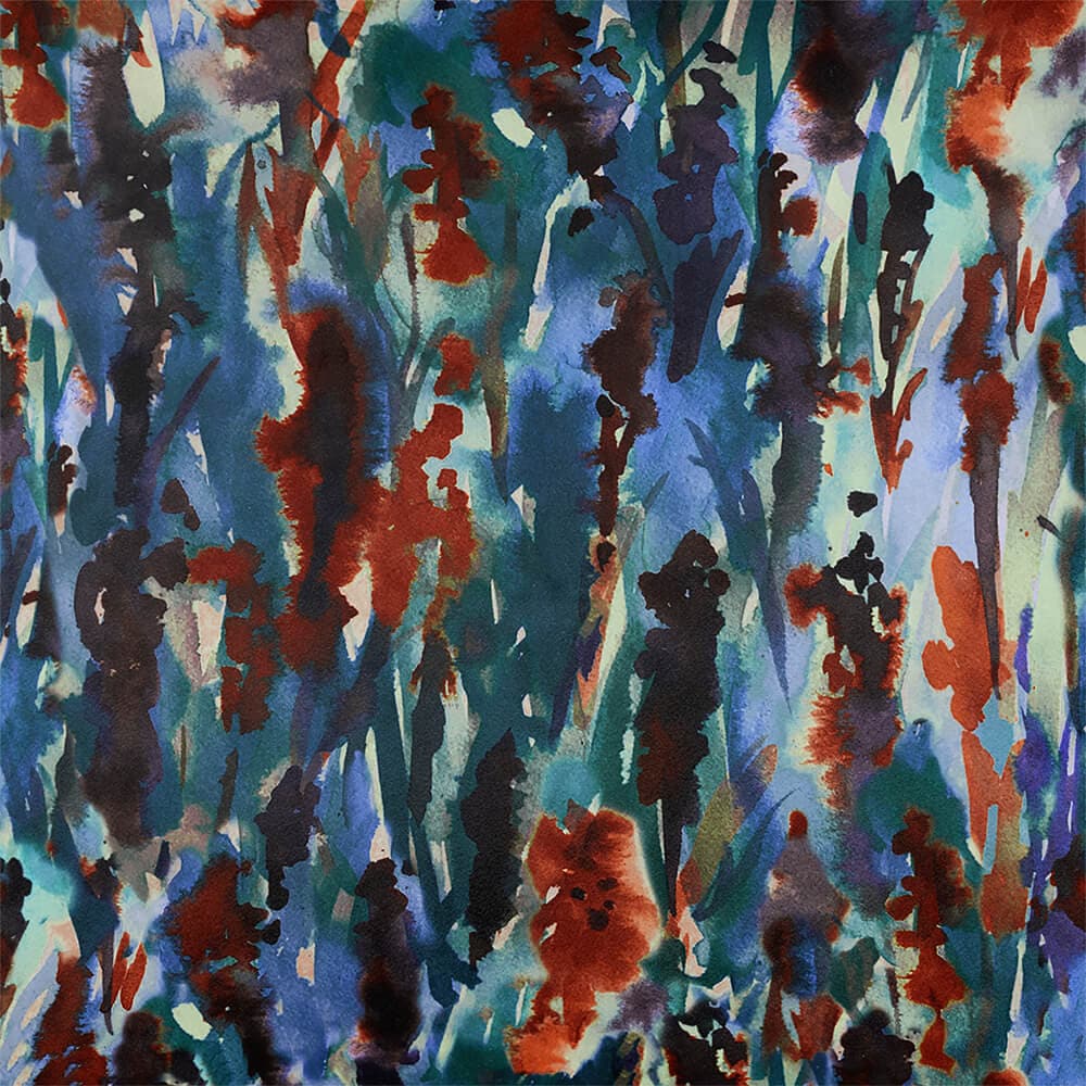 Upholstery Curtain Fabric - Luxury Eco - Friendly Velvet - Floral Meadow - Orange Rust On Lavender by Izabela Peters