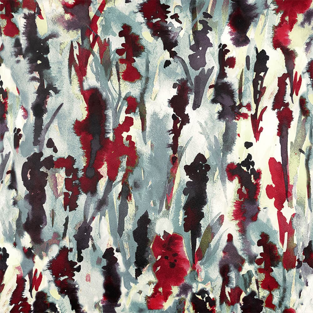 Upholstery Curtain Fabric - Luxury Eco - Friendly Velvet - Floral Meadow - Garnet Red On Gainsboro Grey by Izabela Peters