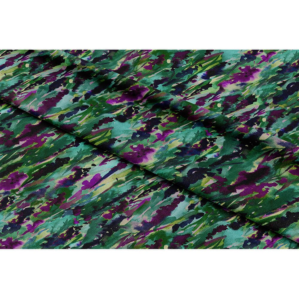 Floral Meadow velvet fabric in Violet On Shades Of Forest Green