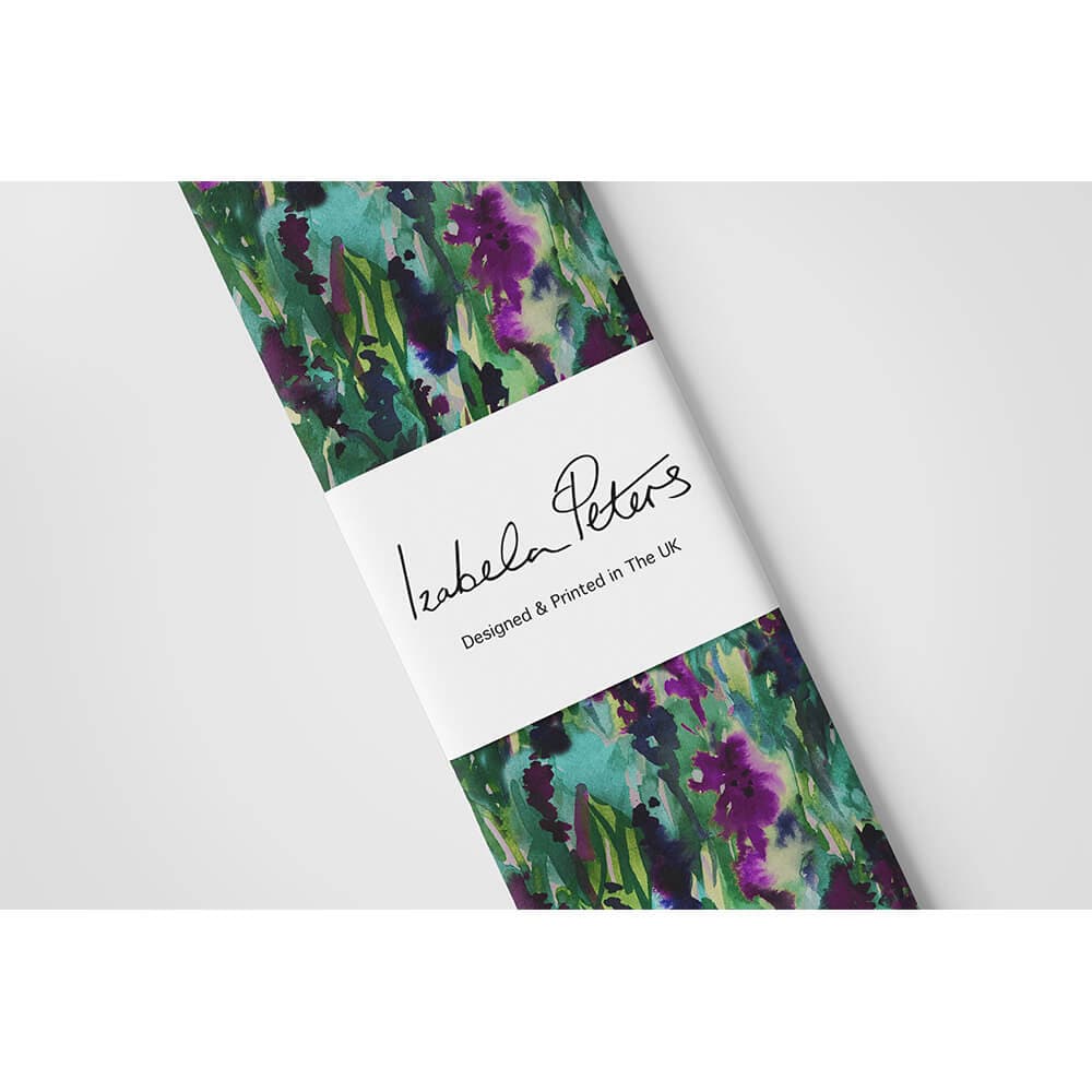 Floral Meadow velvet fabric in Violet On Shades Of Forest Green
