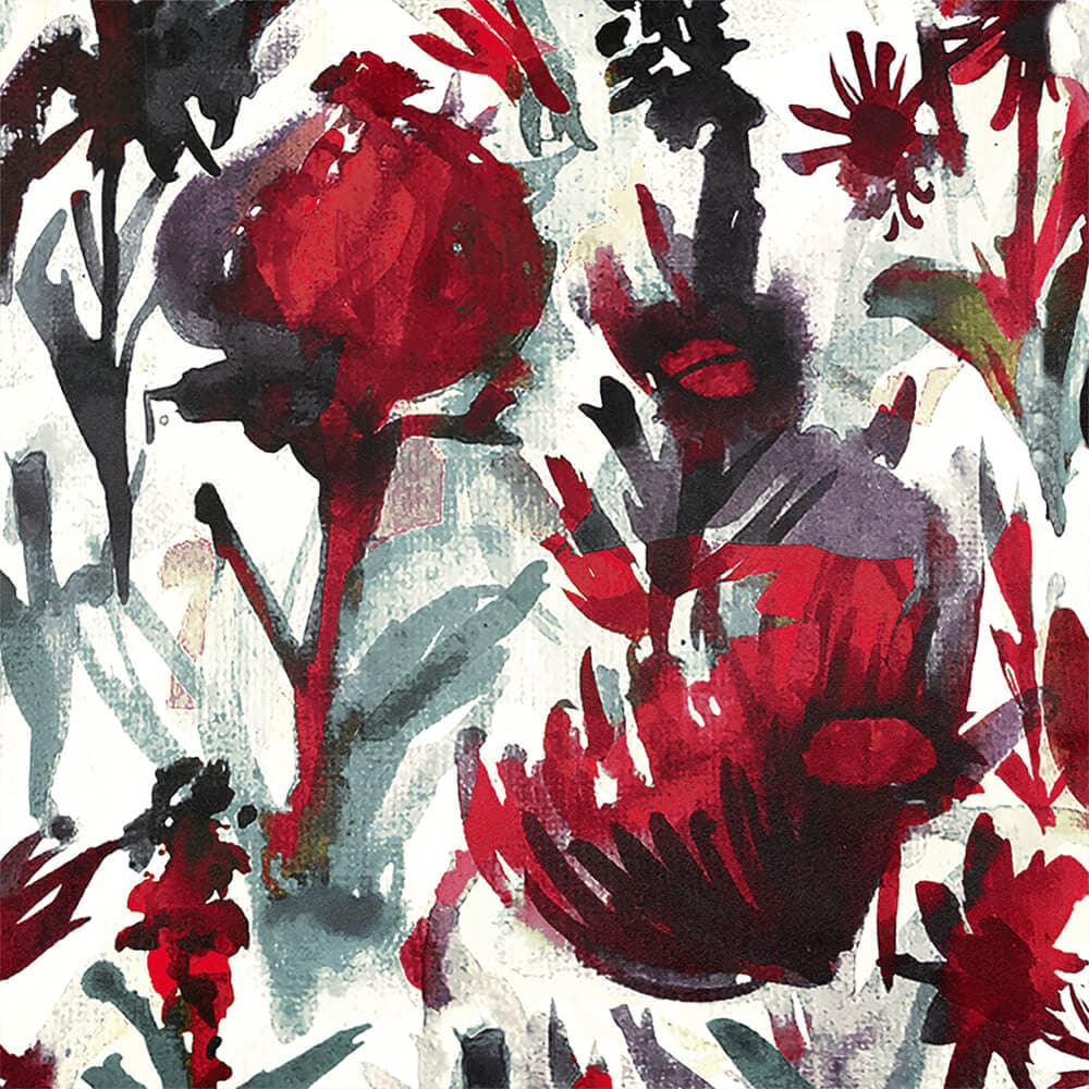 Upholstery Curtain Fabric - Luxury Eco-Friendly Velvet - Herbaceous Border  IzabelaPeters Garnet Red On Gainsboro Grey  