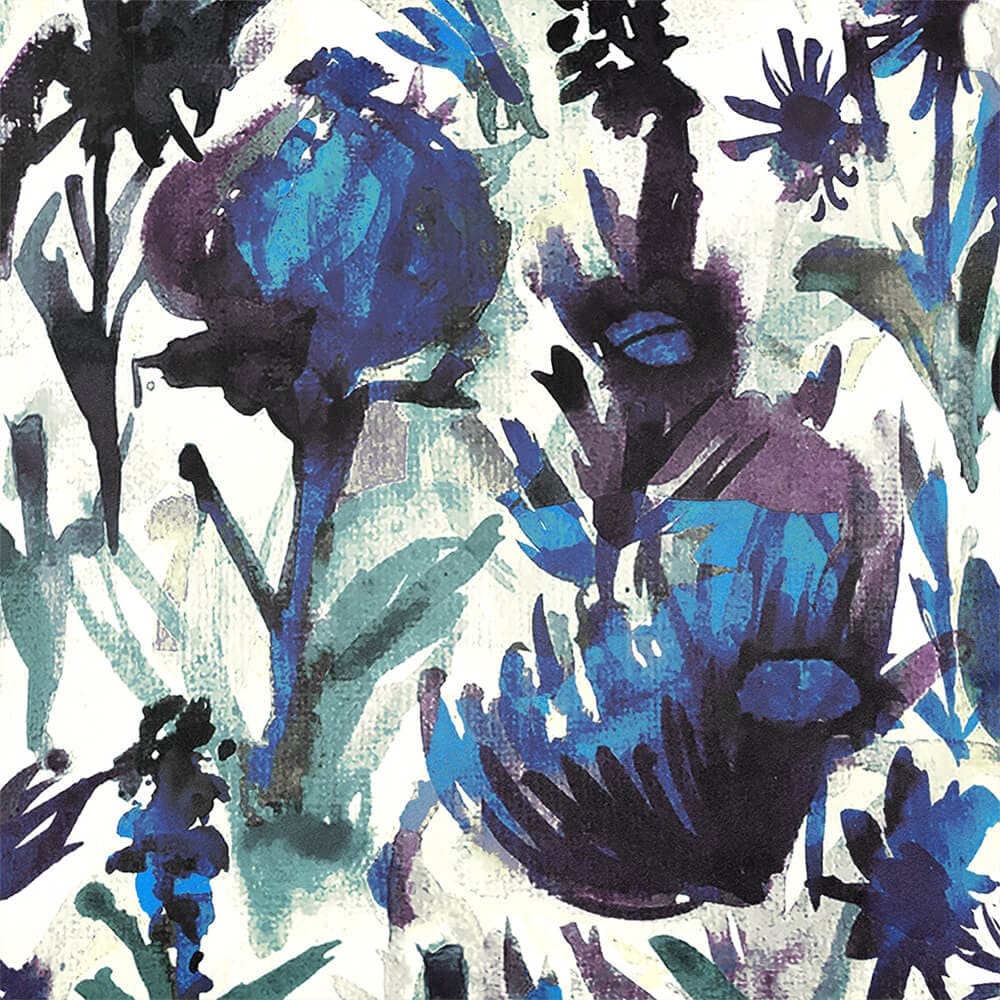 Herbaceous Border velvet fabric in Shades Of Sapphire On Gainsboro Grey, pattern detail
