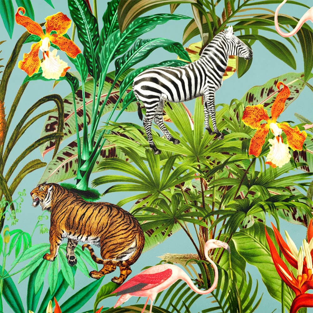 Upholstery Curtain Fabric - Luxury Eco - Friendly Velvet - Jungle Fusion - Blue Surf by Izabela Peters