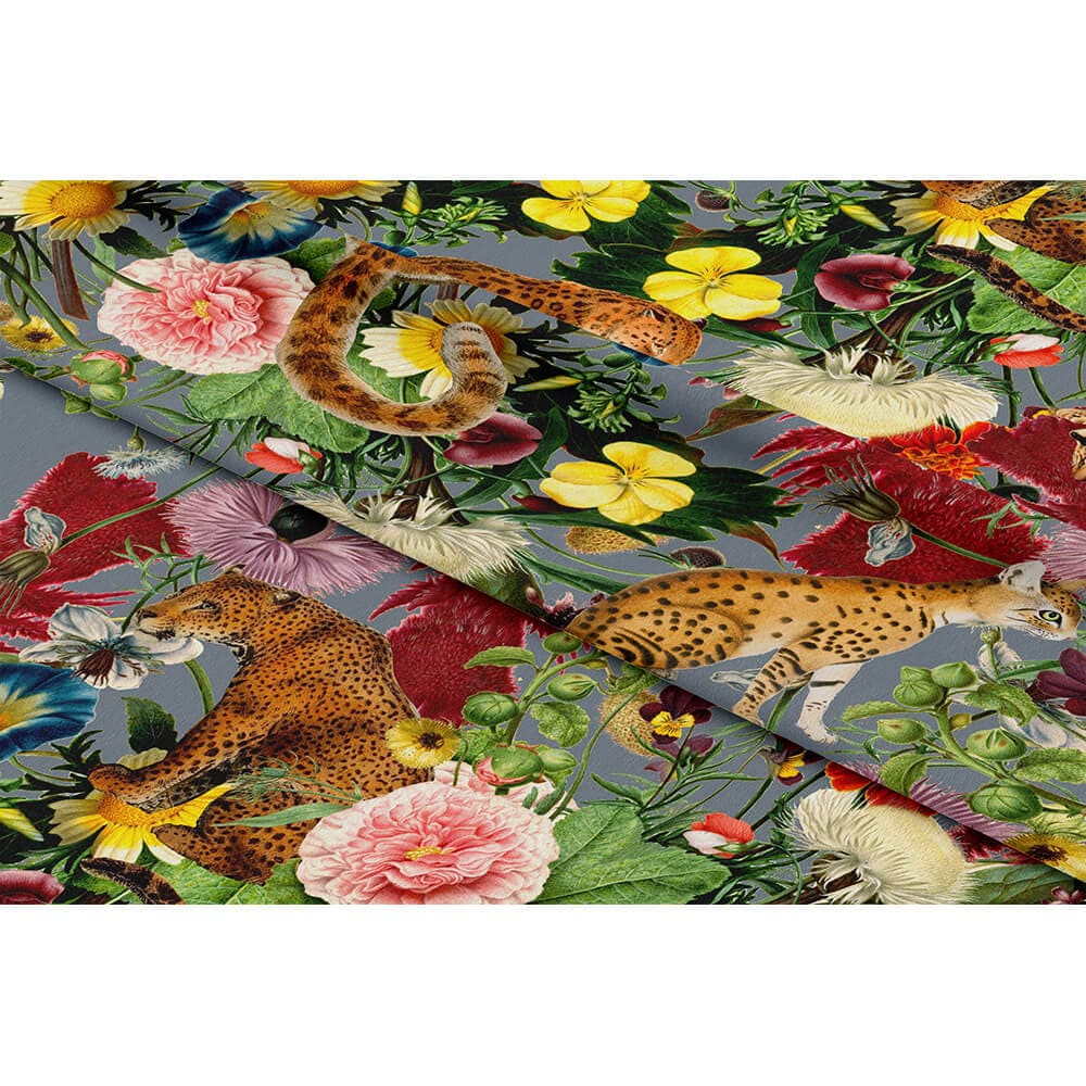 Junglescape velvet fabric in French Grey