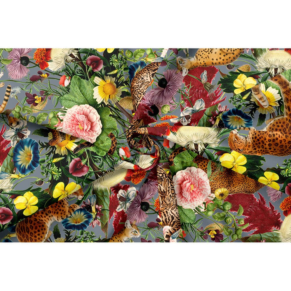 Junglescape velvet fabric in French Grey