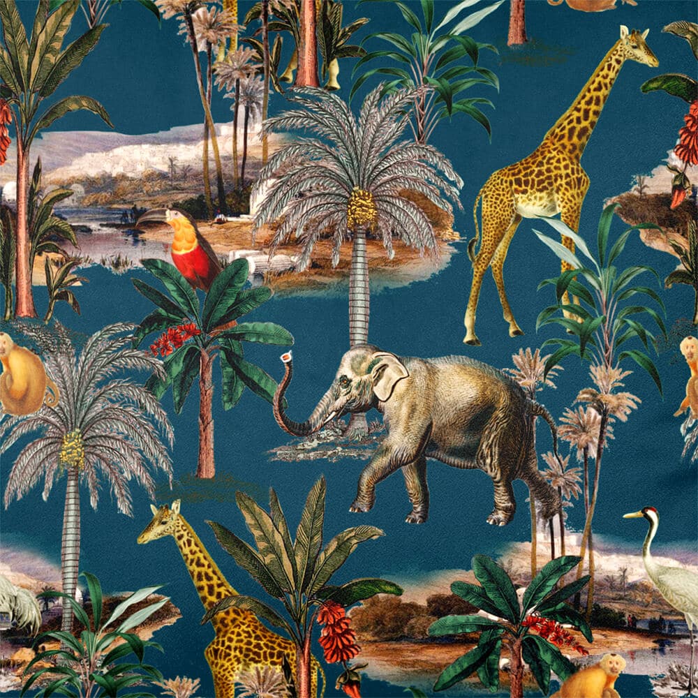 Safari Voyage velvet fabric in Teal, pattern detail